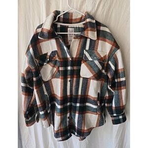 Fornia Shacket Women's L Plaid Green Brown Cream Front‎ Snap Pockets Oversized